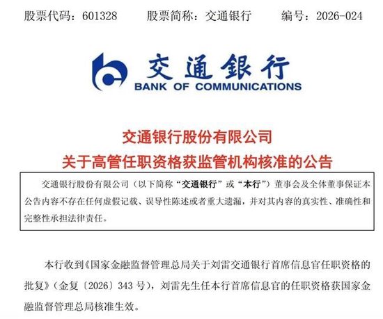 交行首席信息官获批上任	，总行刚因重要信息系统应急管理不足等受罚
